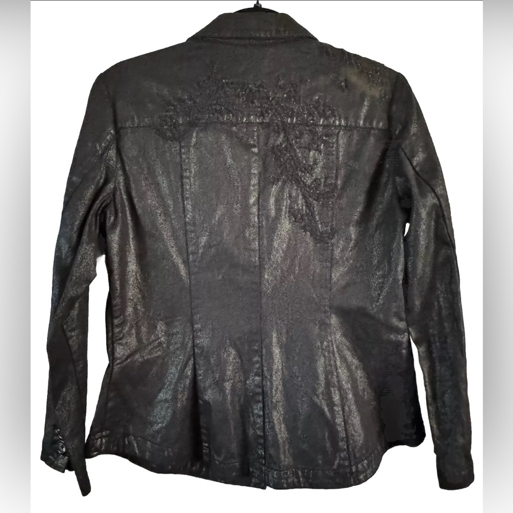 Coldwater Creek Black Shimmer Denim Fitted Blazer Size 8 Petite with Embroidery - Picture 2 of 11